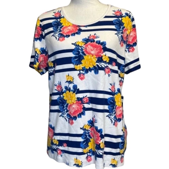 White Stag Xl white & blue stripes, floral design, short sleeve scoop neck - Picture 1 of 10